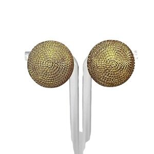 Vintage Gold Tone Metal Rope Circle Domed Clip On Earrings 80s Statement Costume